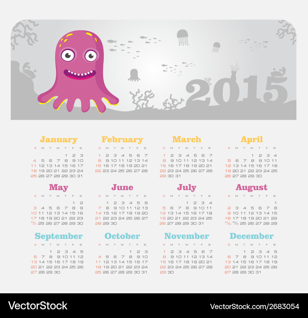 Calendar 15 Year With Octopus Royalty Free Vector Image