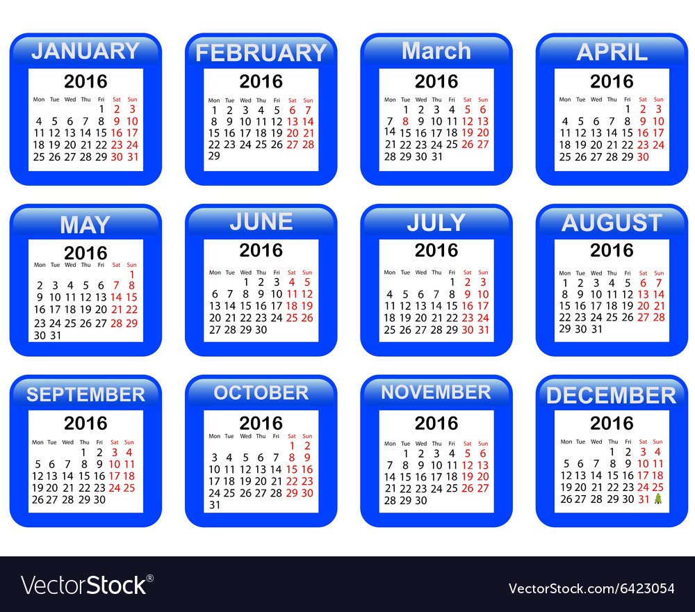 Calendar for 2016 Royalty Free Vector Image - VectorStock