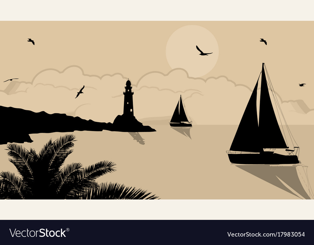 Yachts and lighthouse on beautiful place retro