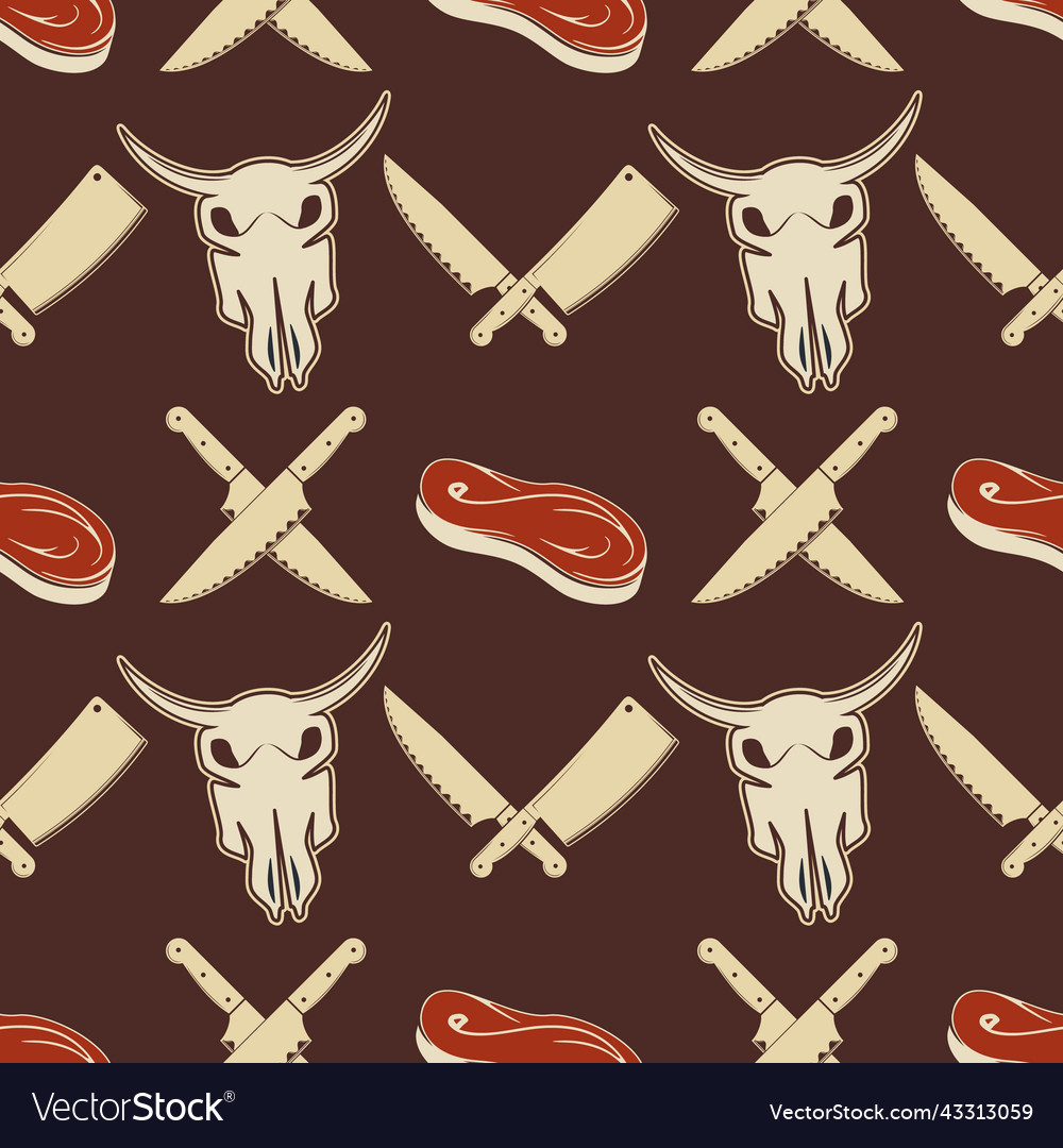 Butcher shop seamless pattern with bull skull