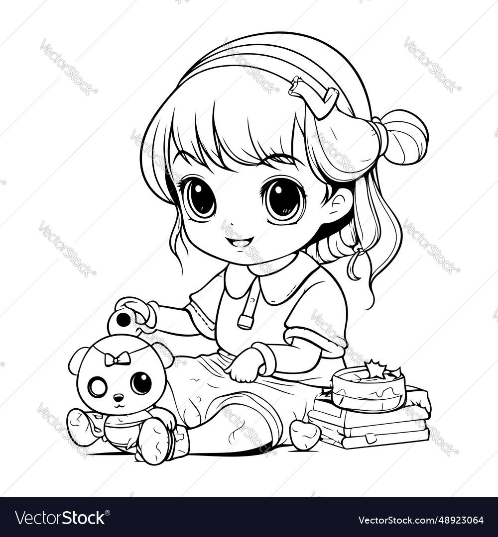 Cute little girl playing with toys for coloring Vector Image