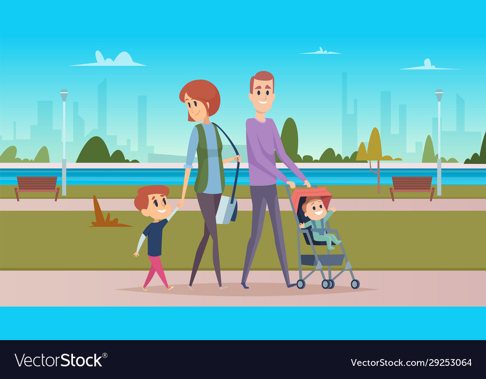 Family walk in city park happy parenthood cute vector image Family walk in city park happy parenthood cute