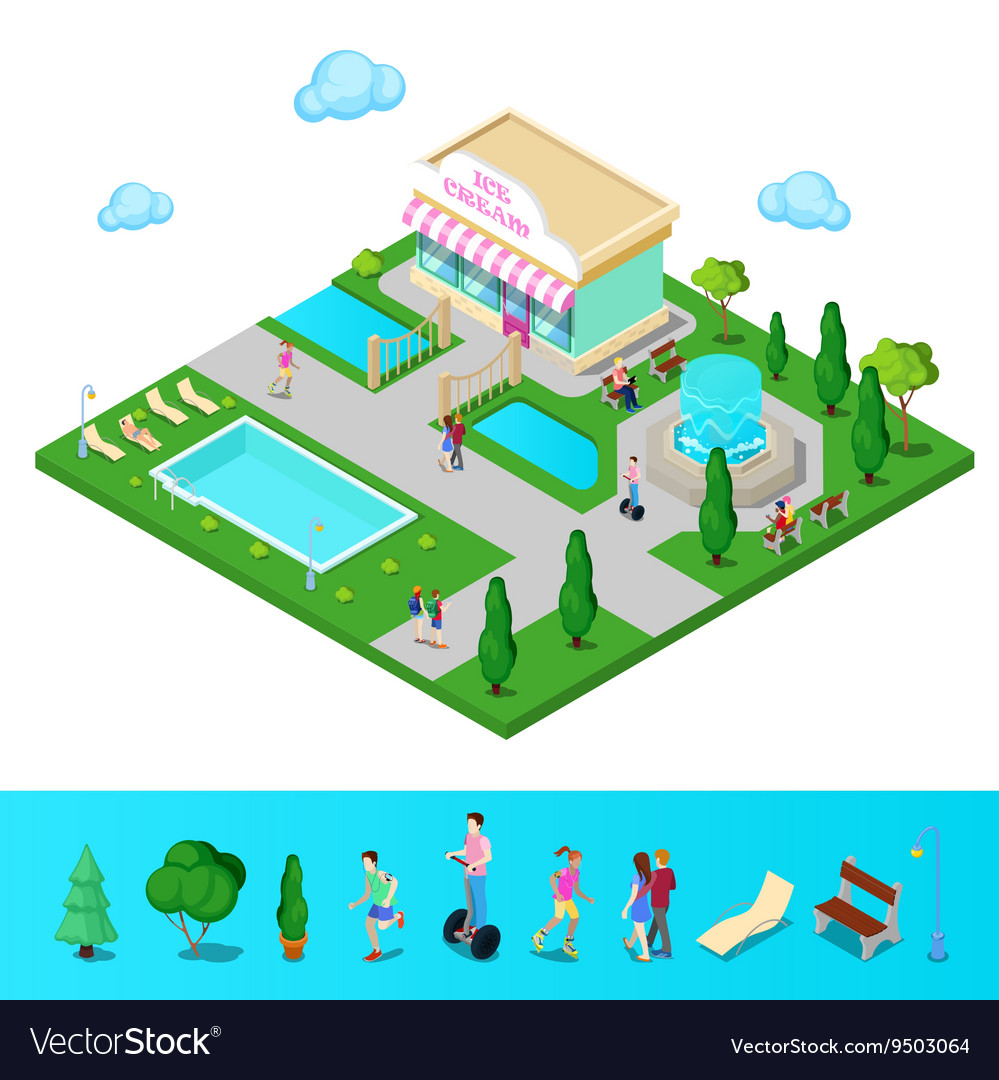 Isometric City Park with Swimming Pool Royalty Free Vector