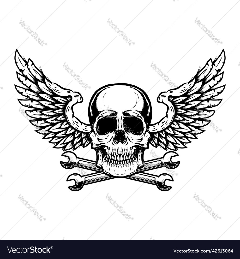 Winged skull with crossed wrenches design element Vector Image