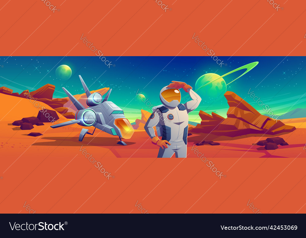 Astronaut and spaceship on mars surface vector image Astronaut and spaceship on mars surface