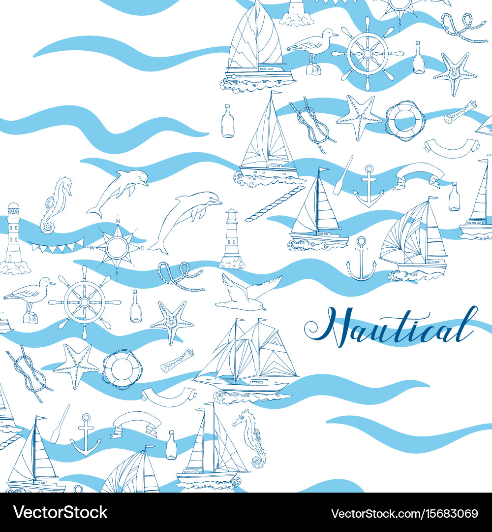 Nautical background hand drawn elements Royalty Free Vector