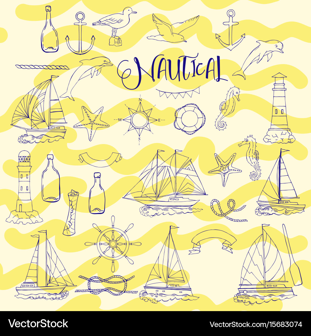 Nautical background hand drawn elements Royalty Free Vector