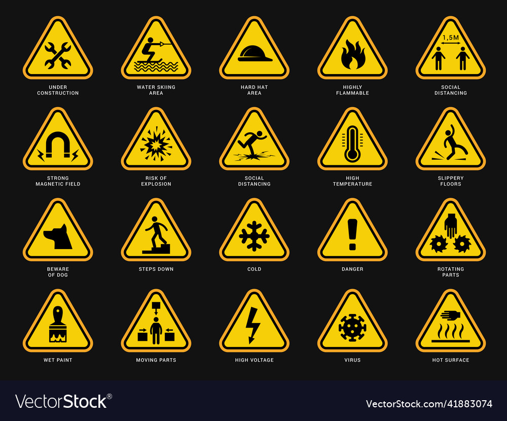 Yellow warning symbols triangle signs with danger