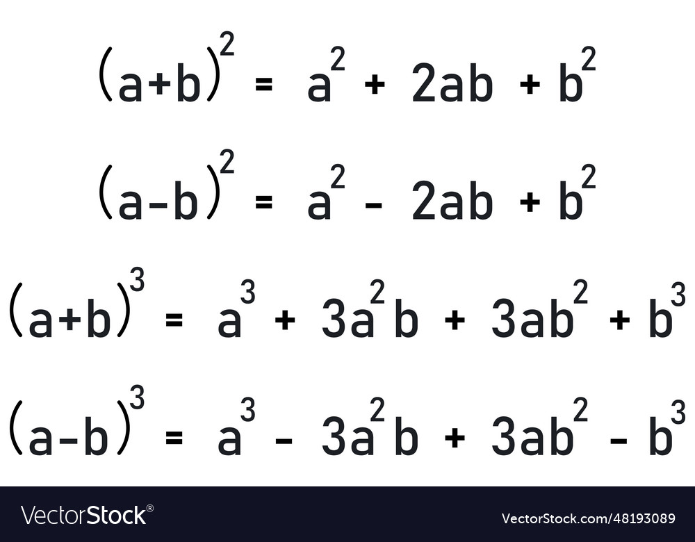 Formulas for second and third powers of binomials Vector Image