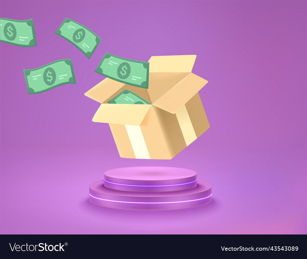 Green paper dollars flying through the box 3d Vector Image