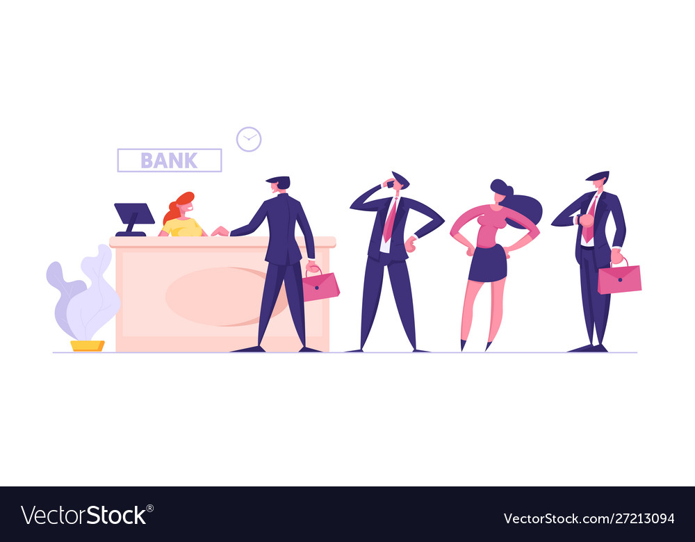 Male and female clients stand in queue in bank Vector Image