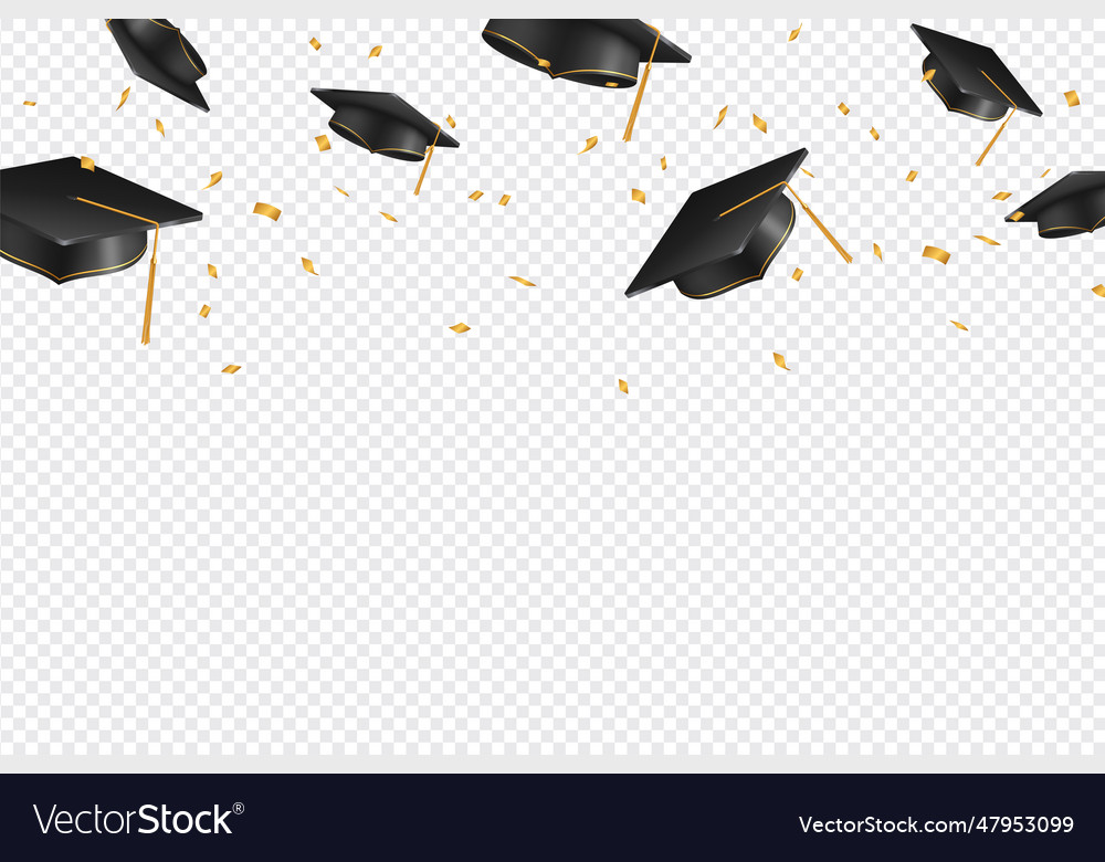 Graduate caps and confetti on a transparent Vector Image