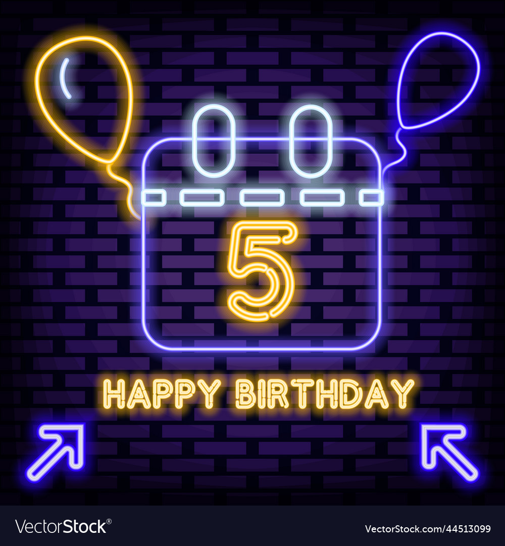 Happy 5th birthday badge in neon style neon Vector Image