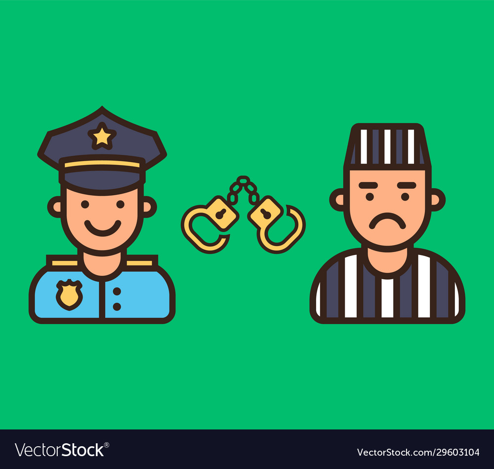 Contented policeman and angry prisoner Royalty Free Vector