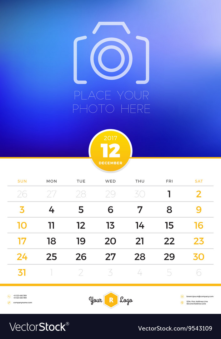Wall calendar template for 2017 year december