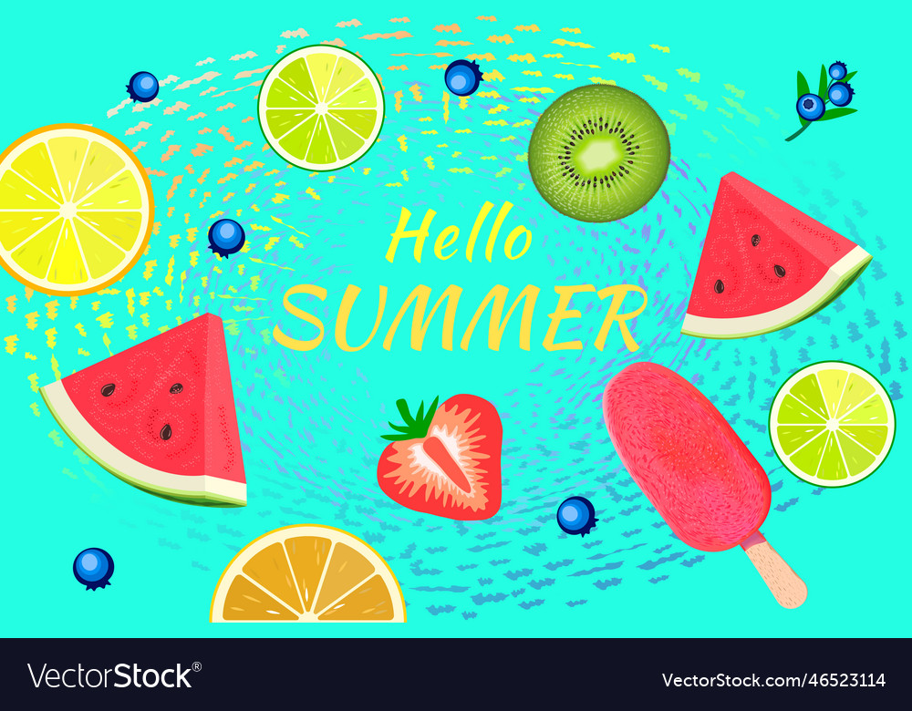 Colorful fruit on back with text hello summer Vector Image