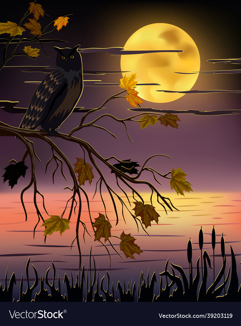 Autumn landscape with a bird on the tree Vector Image