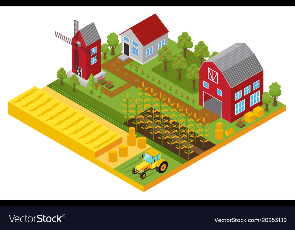 Rural 3d farm isometric template with mill garden Vector Image