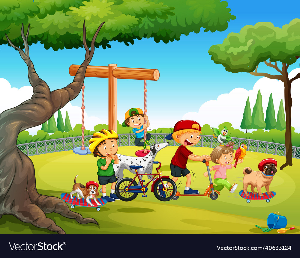 Playground scene with children playing with dogs Vector Image