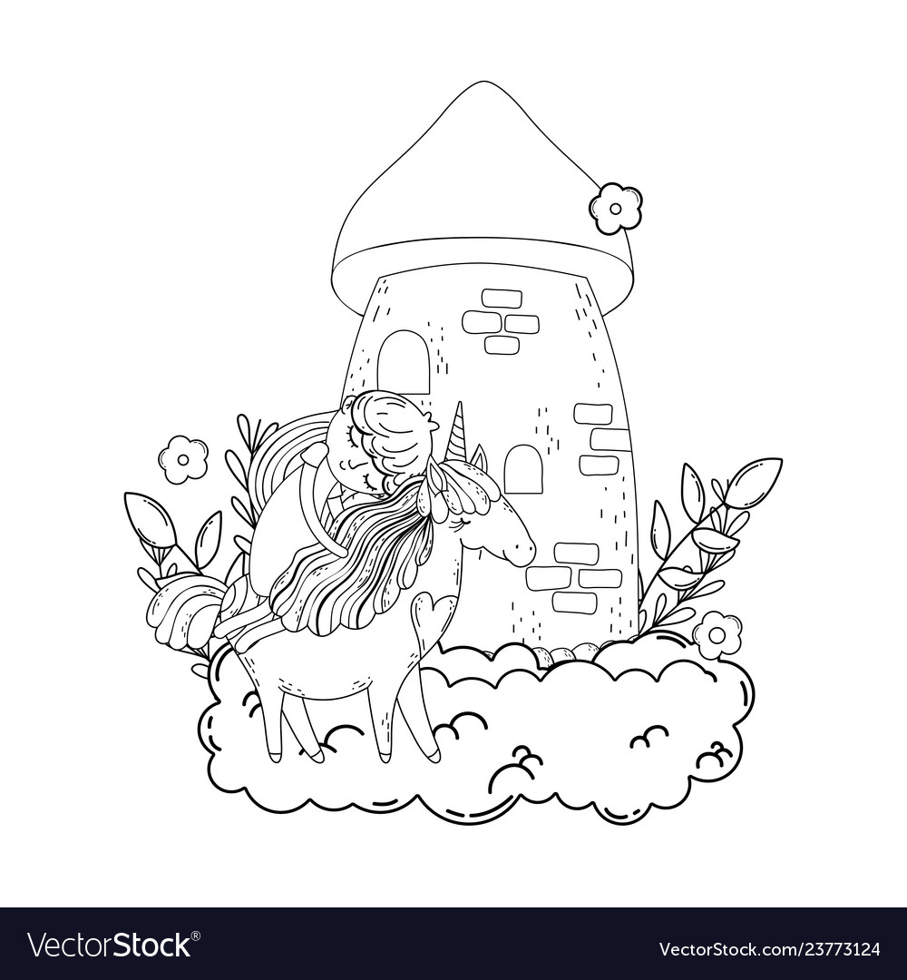 Unicorn and princess with castle in the clouds Vector Image