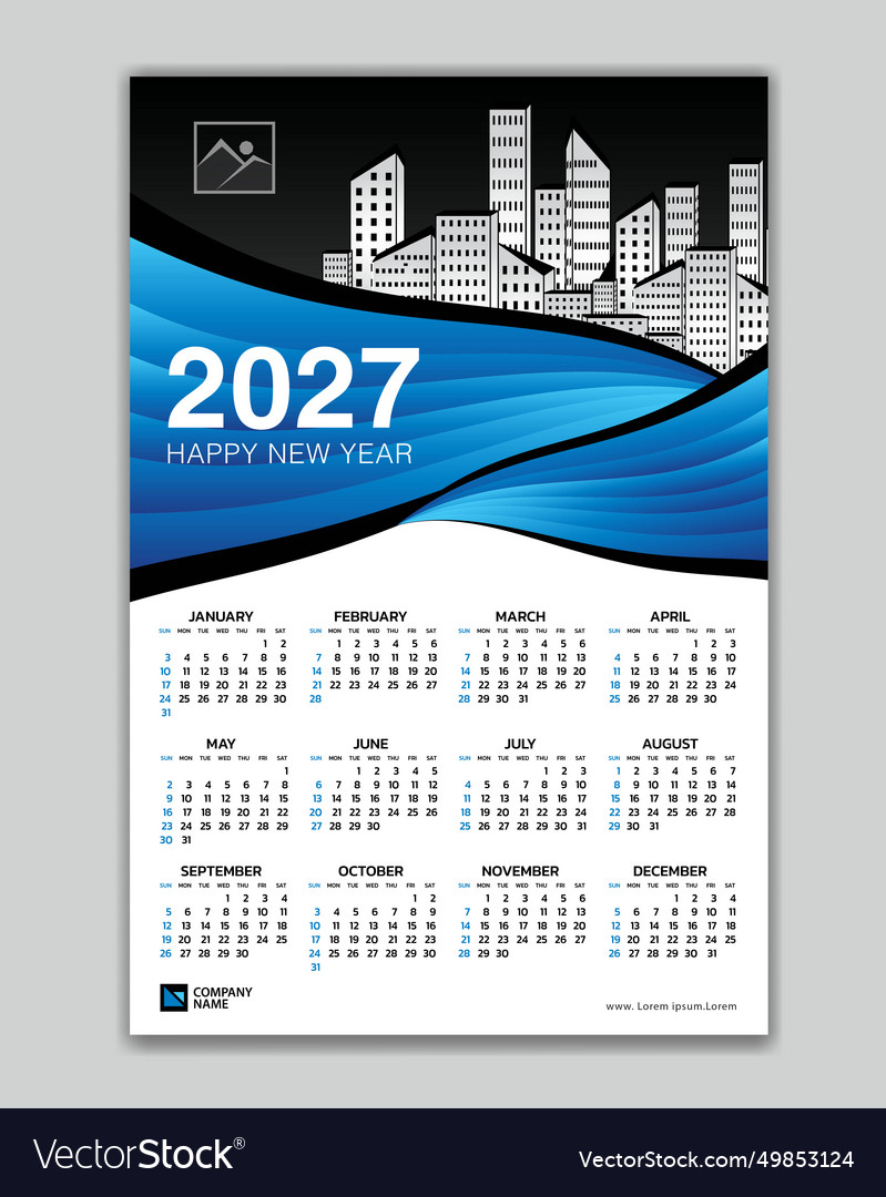 Wall calendar 2027 year blue wave template Vector Image