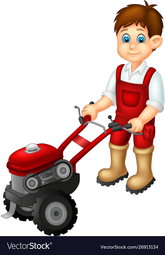 Funny boy with red tractor cartoon