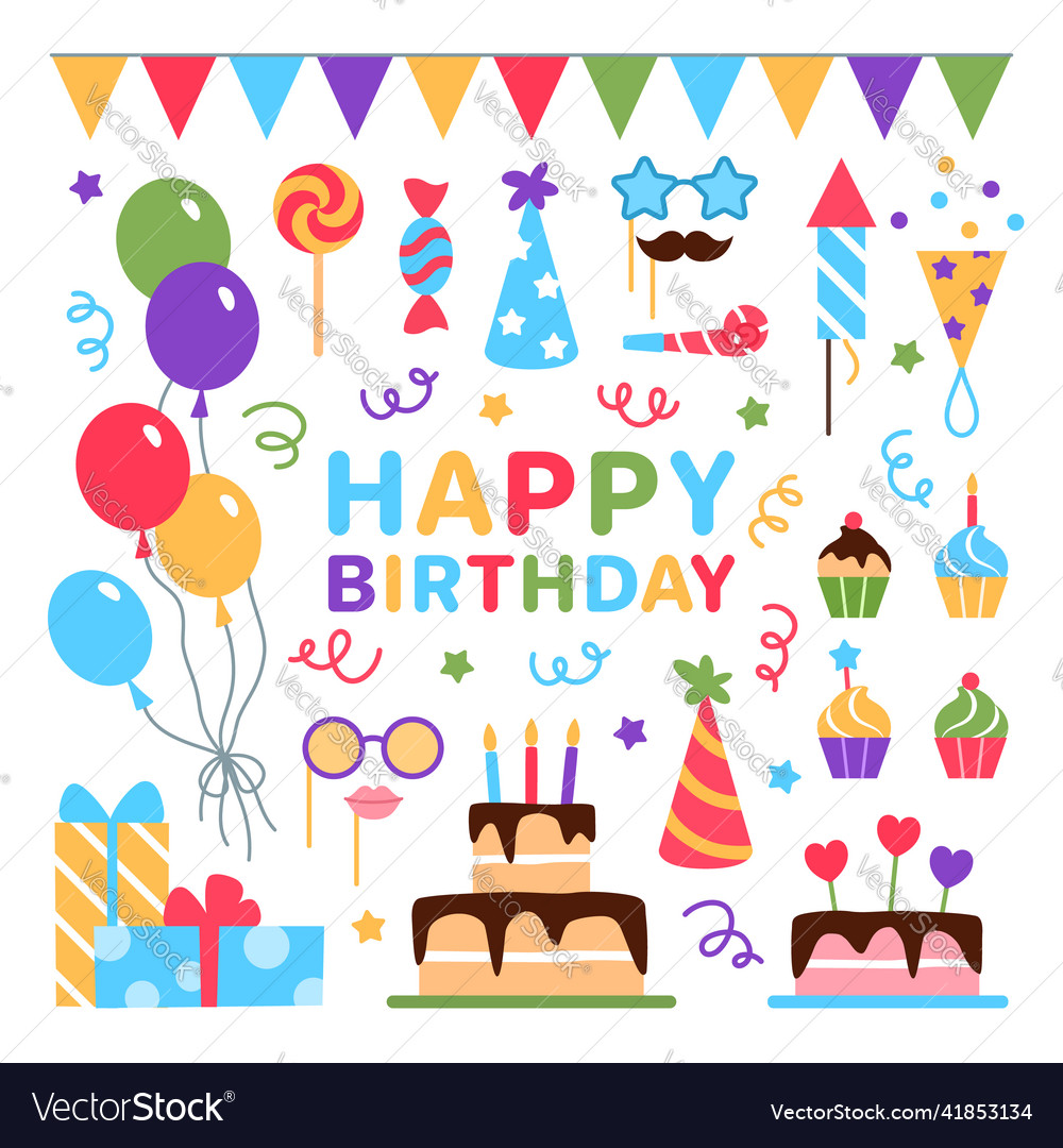 Happy birthday elements set flat colorful objects Vector Image