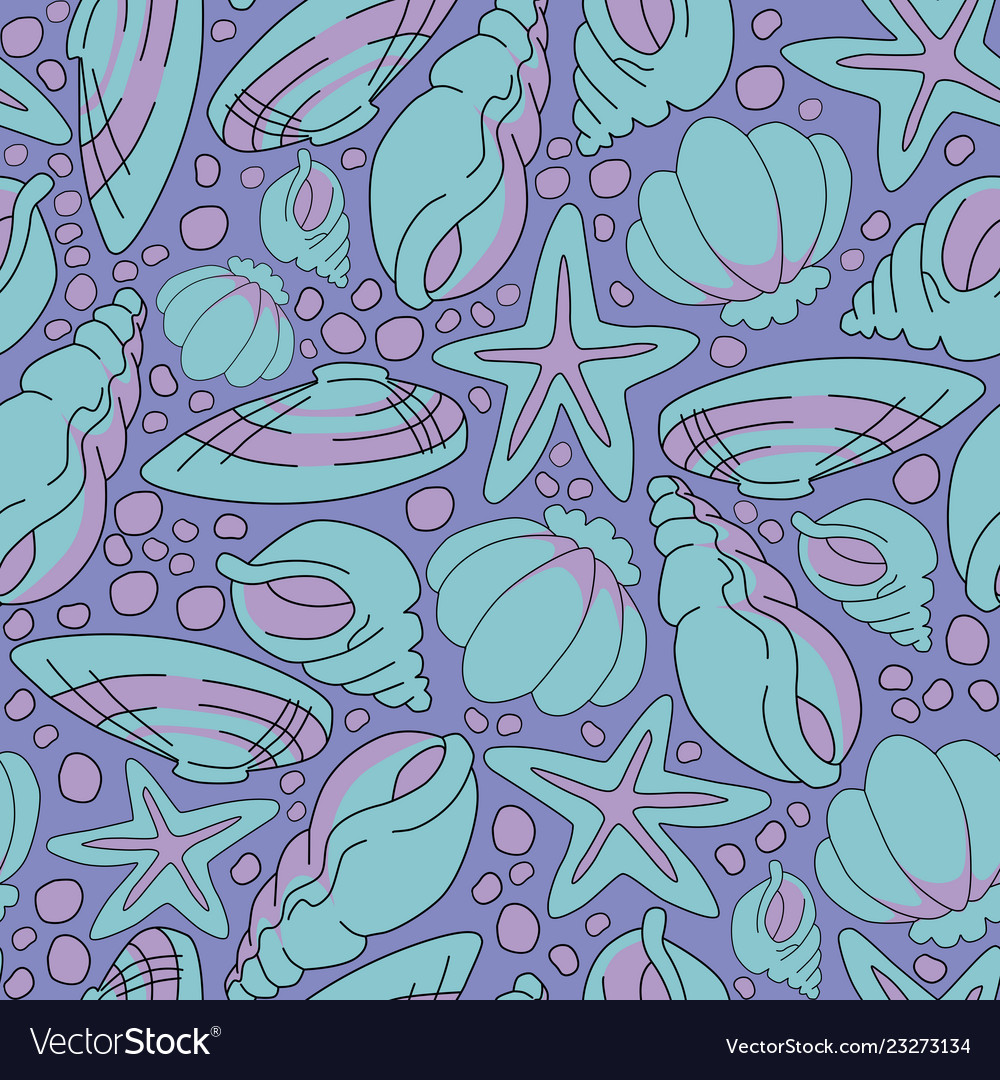 Seamless pattern of seashells and starfishes