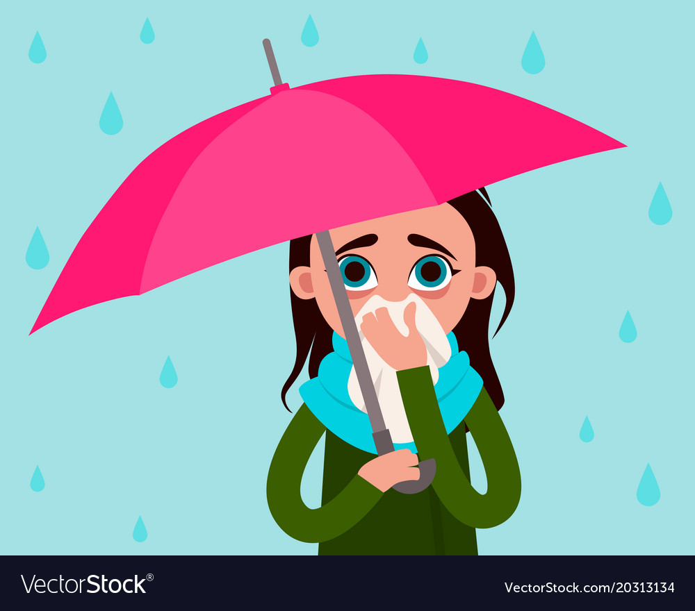 Woman with flu in the rain