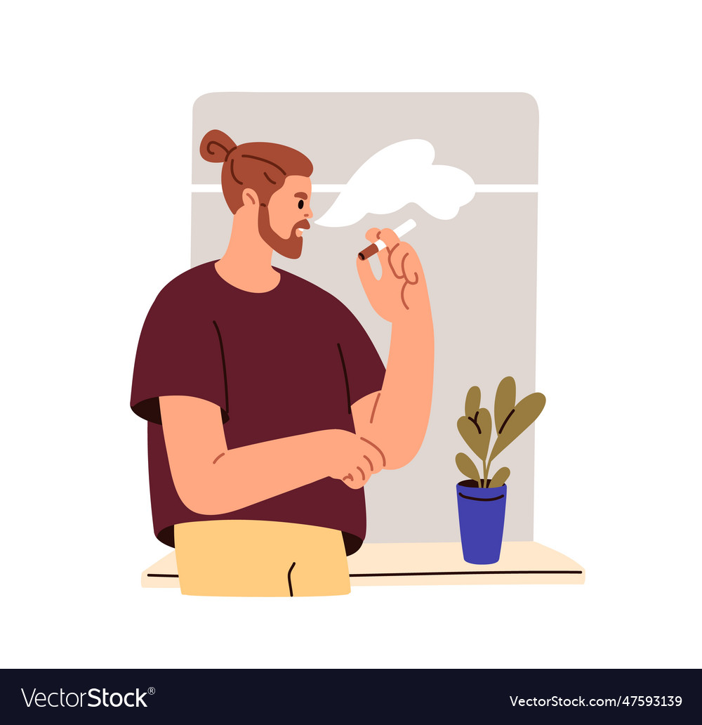 Man Smoking Cigarette Standing By Window Sill Vector Image