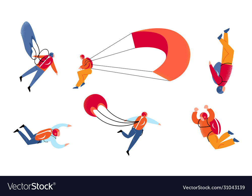 Set Young People Skydivers With Parachutes Vector Image