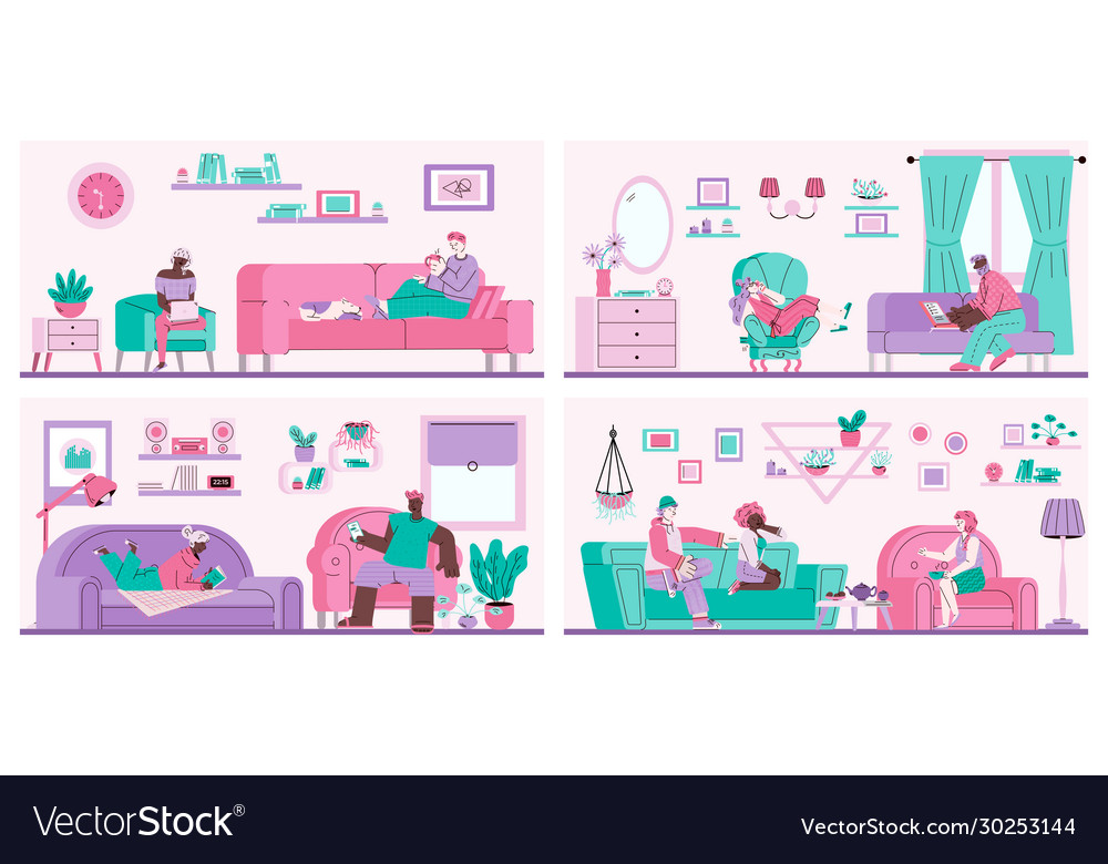 Cartoon people relaxing in living room - flat set Vector Image