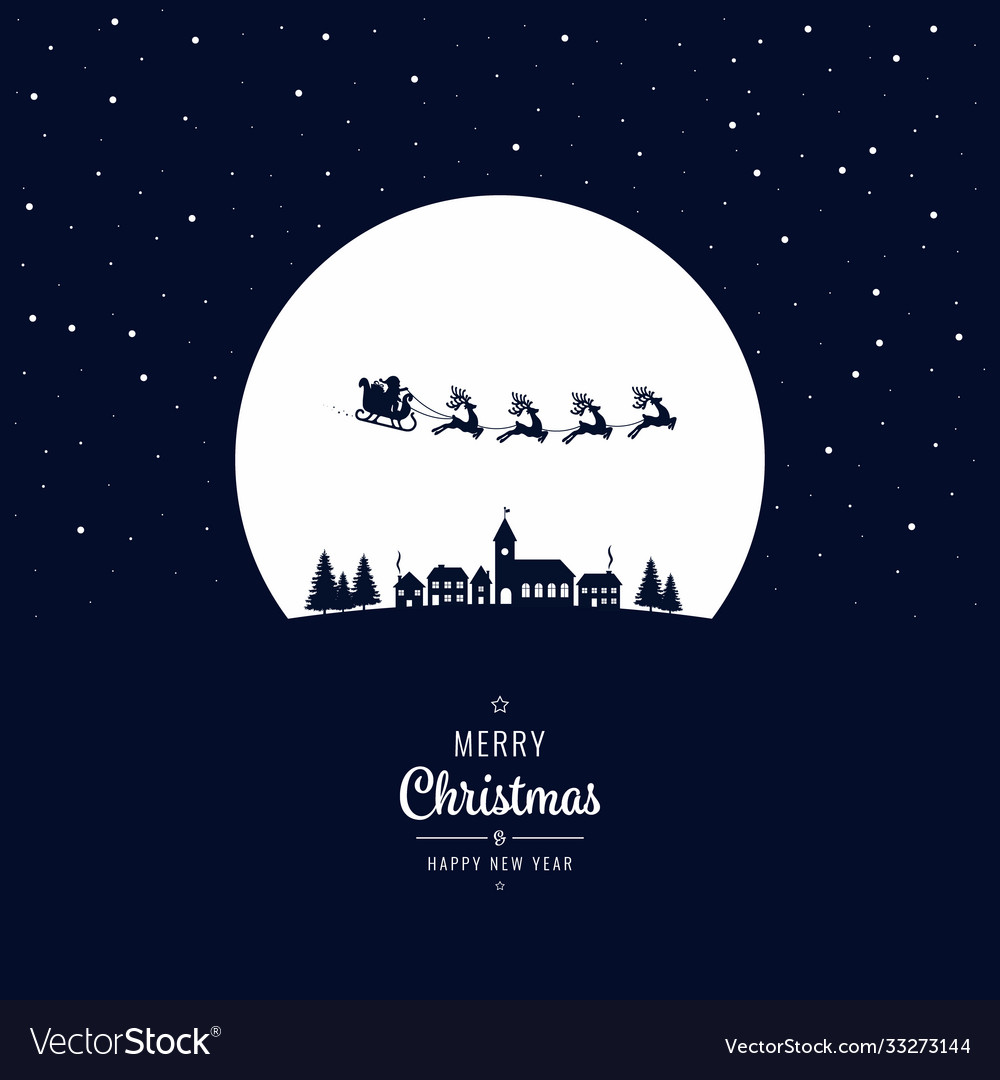 Santa sleigh flying into winter village Royalty Free Vector