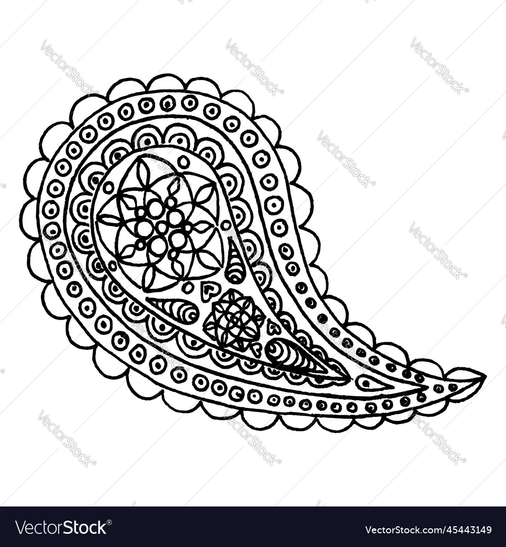 Paisley Buta Hand Drawn Monochrome Pattern Doodle Vector Image