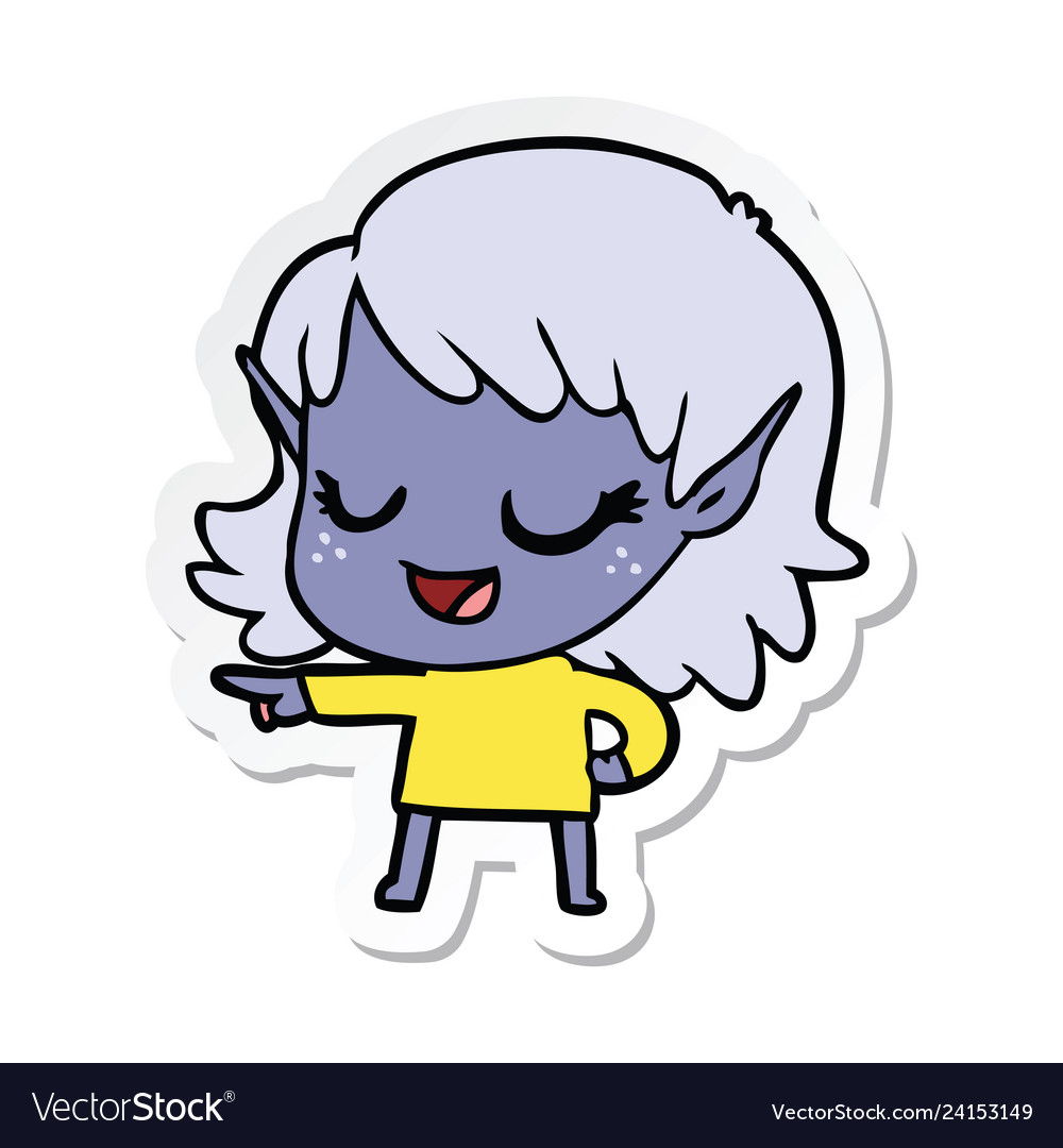 Sticker of a happy cartoon elf girl pointing Vector Image