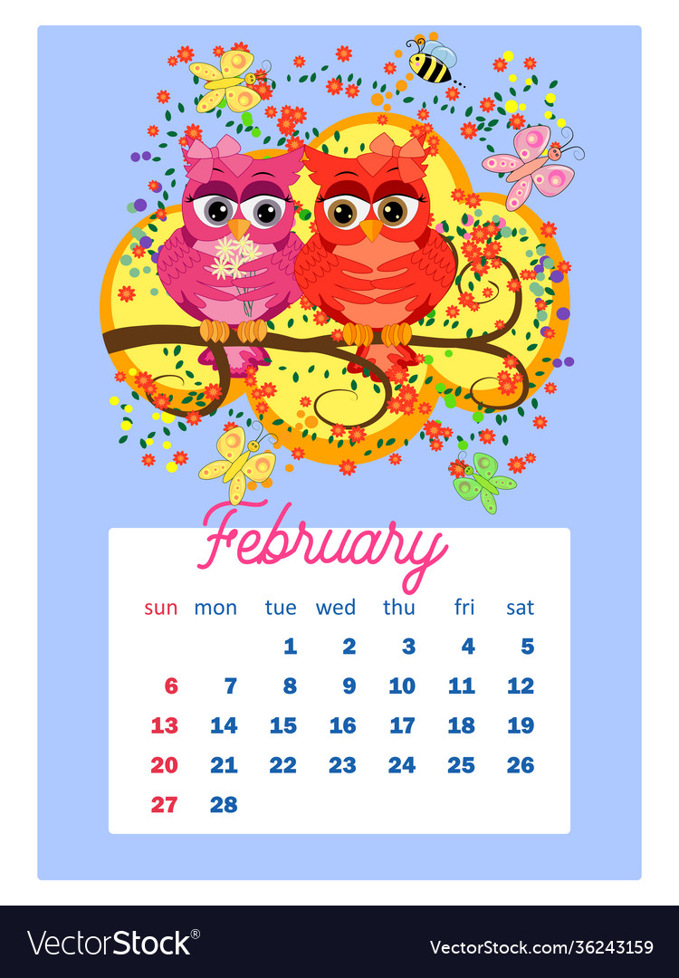 Calendar 2022 cute owls and birds for every month Vector Image