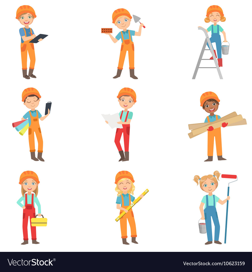 Children doing construction work set Royalty Free Vector