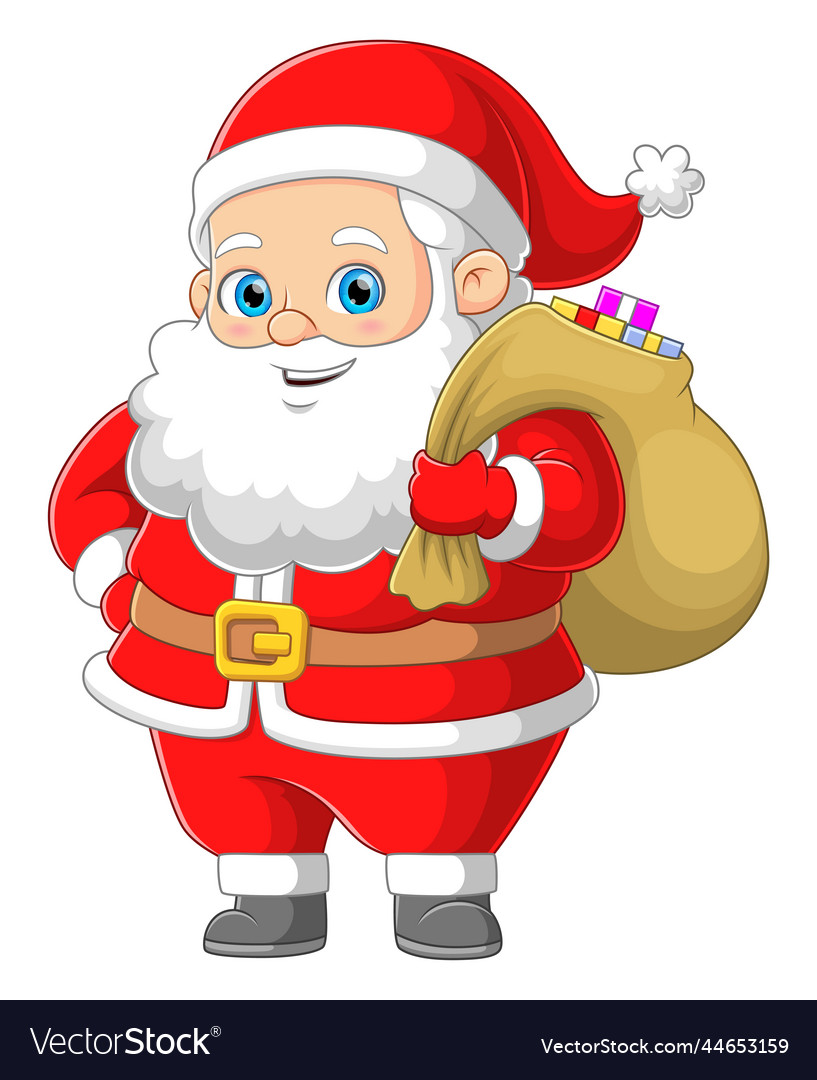 Old santa claus is holding big sack with many Vector Image