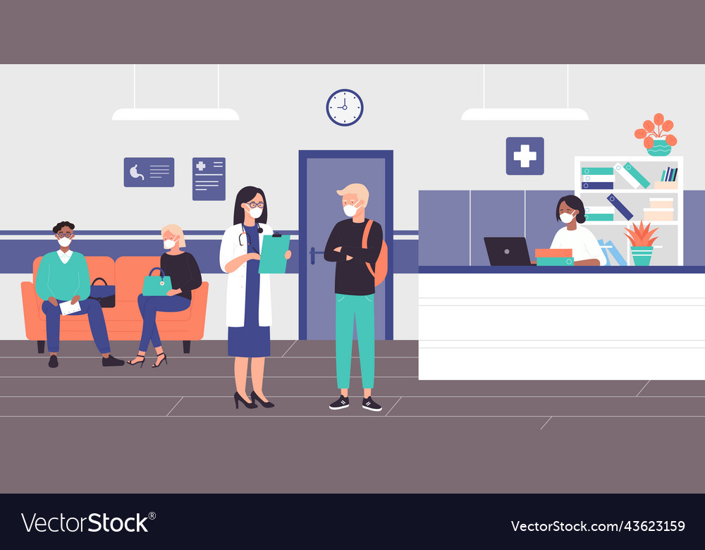 Patients in medical masks wait doctor appointment Vector Image