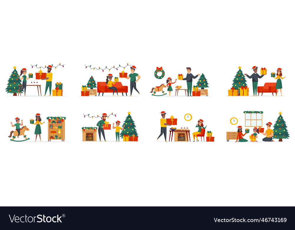 Gifts presenting bundle of scenes with flat people