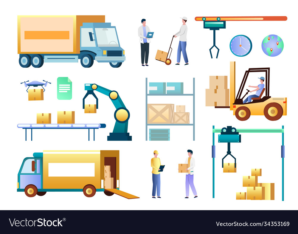 Isometric warehouse workers and equipment Vector Image