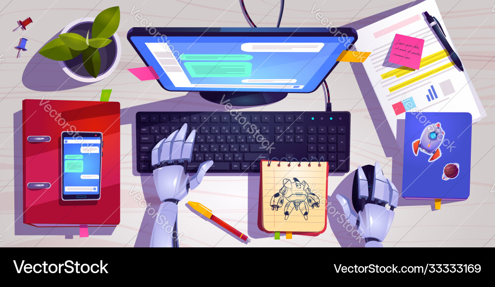 Workspace with robot hands on computer keyboard Vector Image
