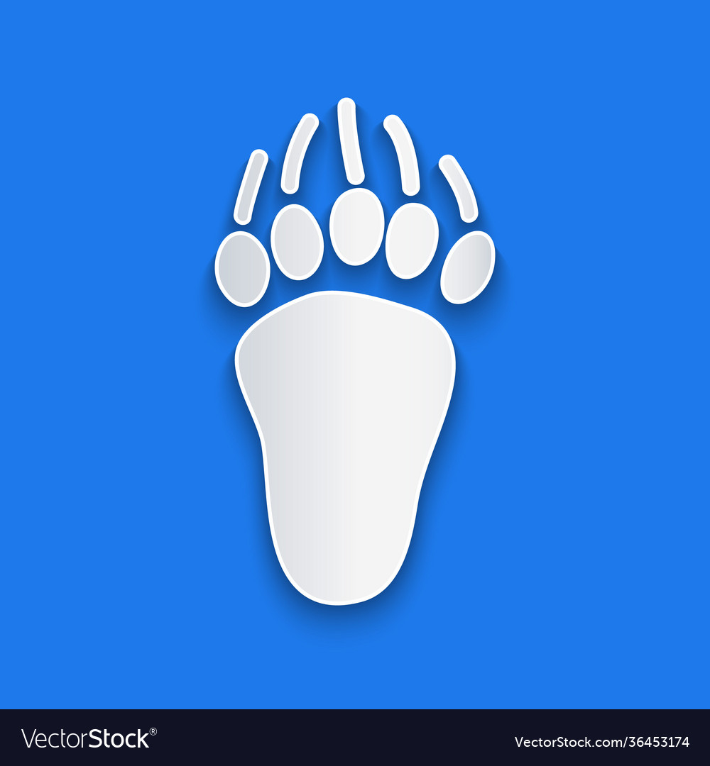 Paper cut bear paw footprint icon isolated on blue