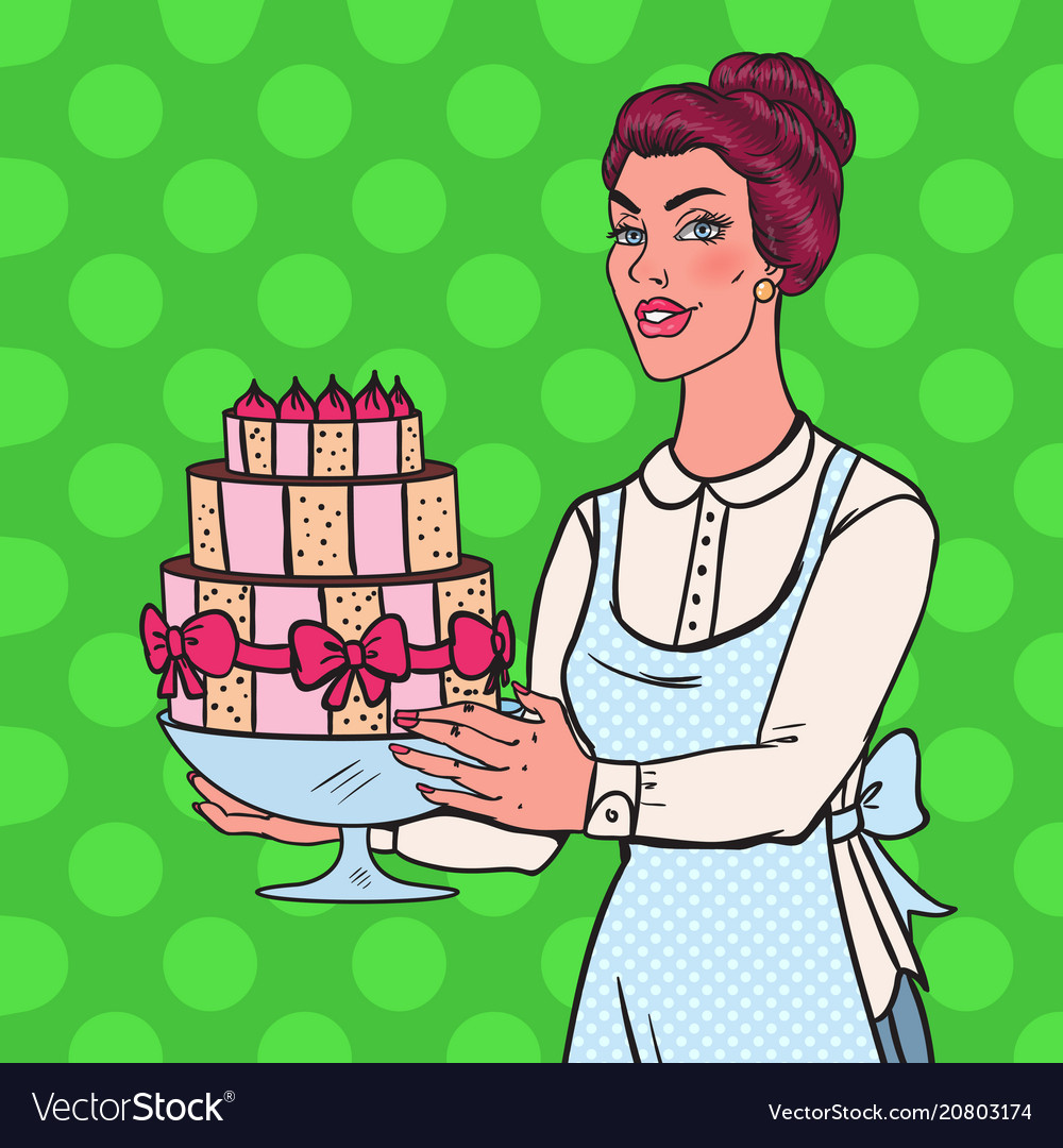 Pop art chef with delicious cake housewife Vector Image