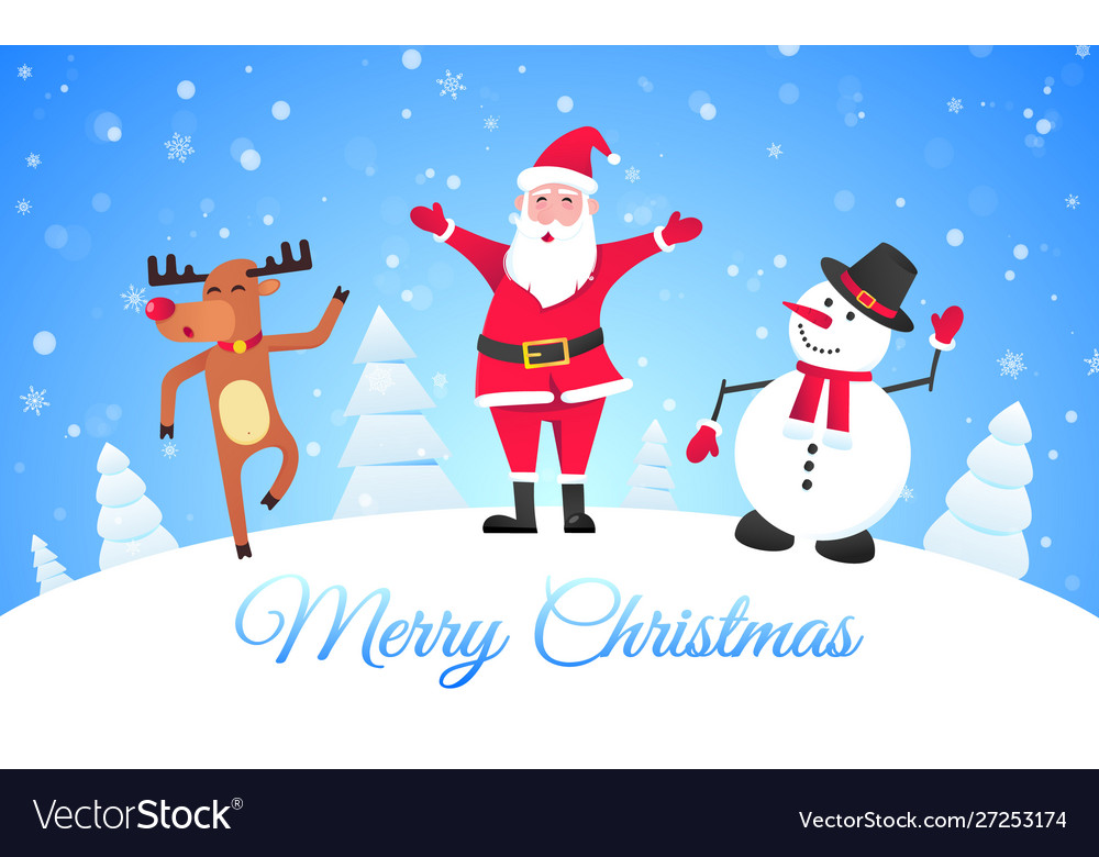 Santa claus reindeer and snowman flat style