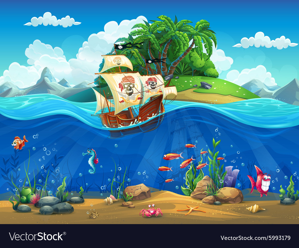 Cartoon Underwater World With Fish Plants Island Vector Image