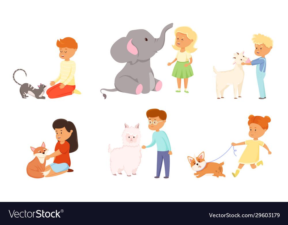 Happy children playing feeding and petting Vector Image