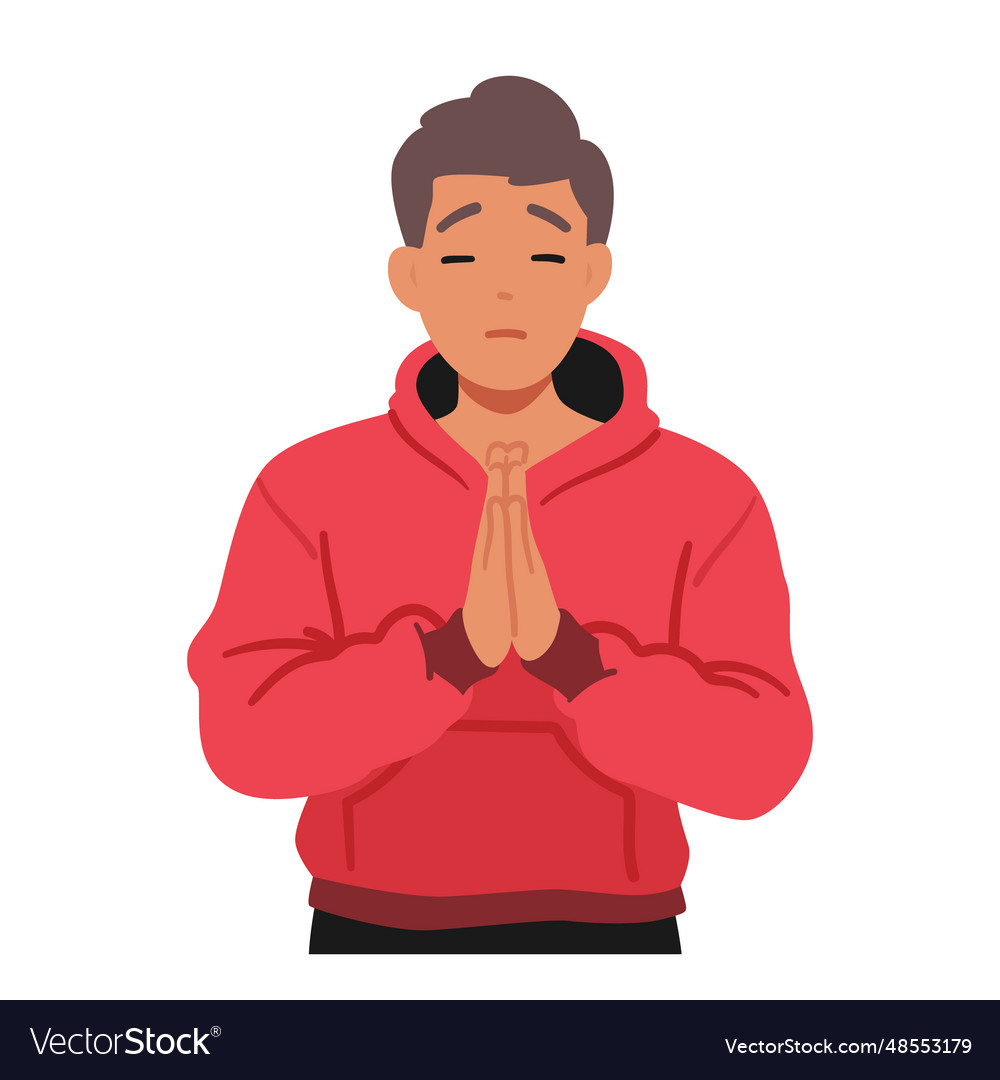 Man bows in prayer eyes closed hands clasped Vector Image