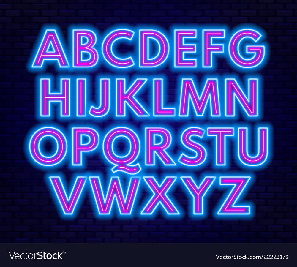 Pink blue neon alphabet on a dark background