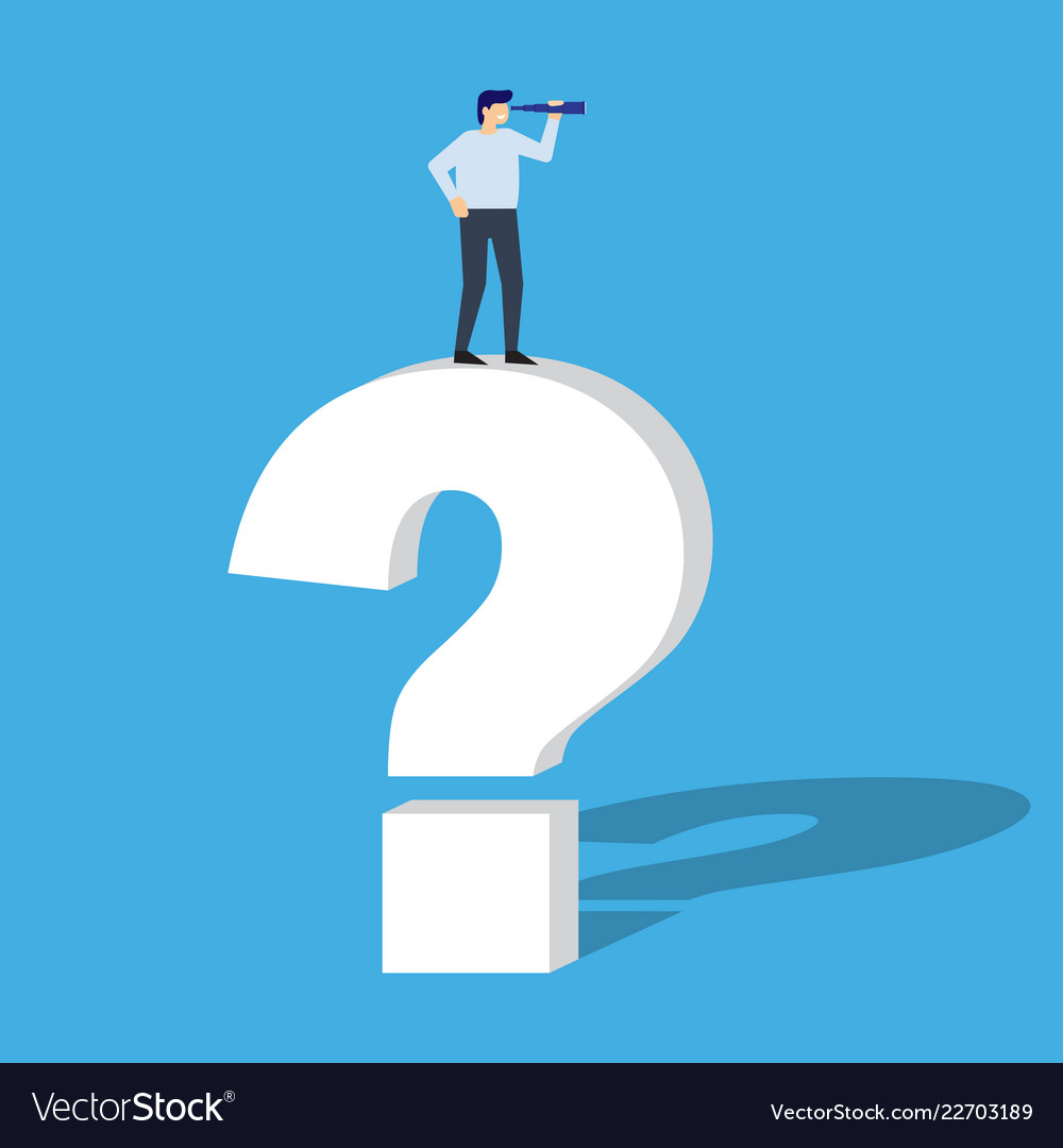 Businessman standing on question mark and looks Vector Image